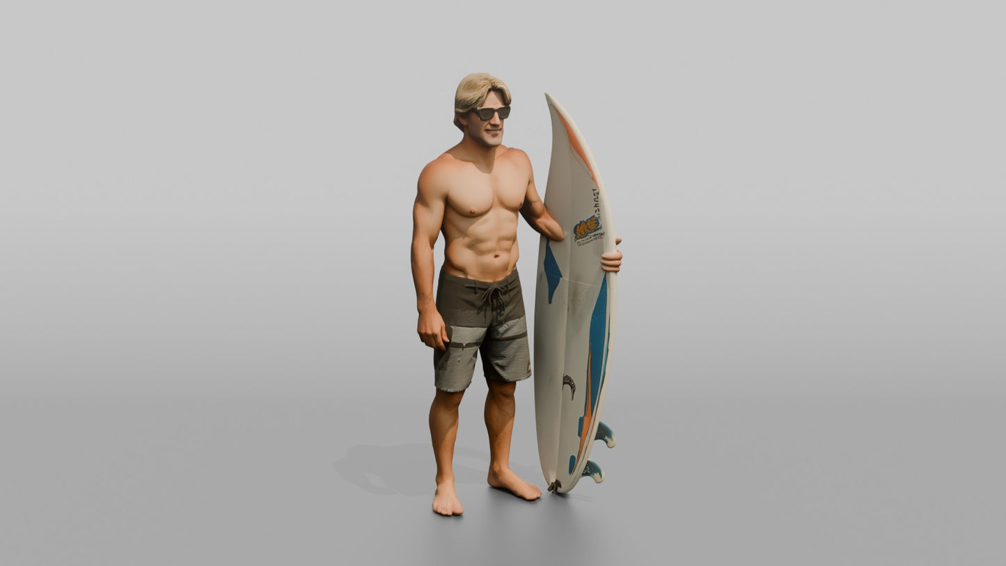 Rugged Surfer Posing with His Surfboard