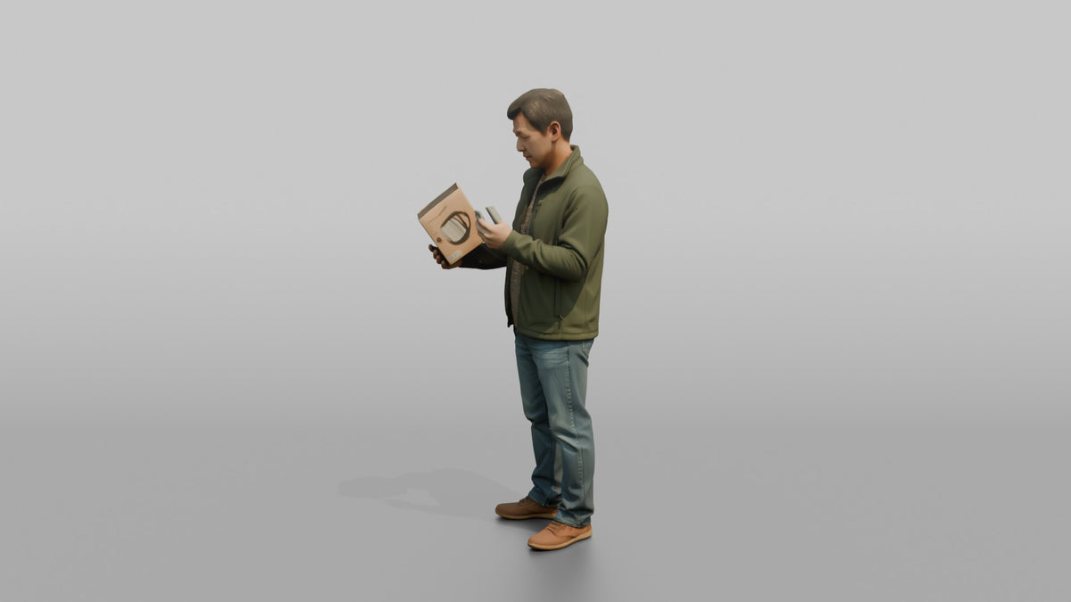 Man Customer Comparing Prices On His Phone While Holding A Product - 3D character model, view 4
