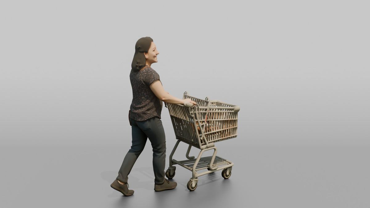 Woman Customer Pushing A Shopping Cart With An Empty Child Seat - 3D character model, view 2