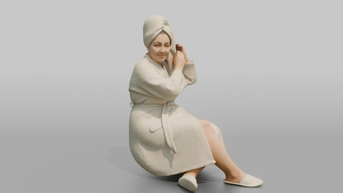 Spa Client Woman Sitting In A Robe, Adjusting A Hair Towel - 3D character model, view 2