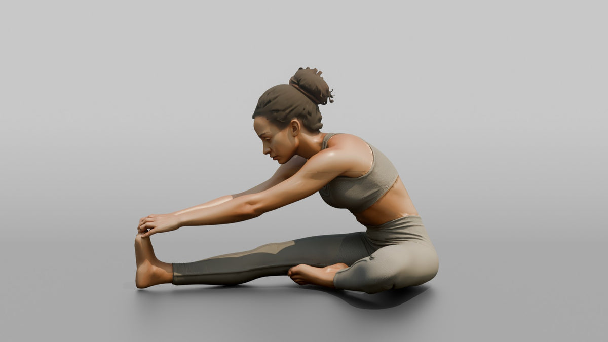 Fitness Influencer Woman Stretching One Leg Forward, Hands Reaching Toward The Foot - 3D character model, view 4