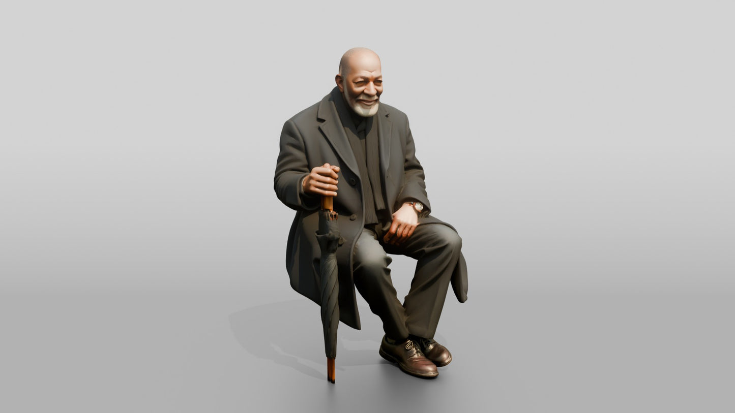 Elderly Black Man Sitting on Bench with Umbrella