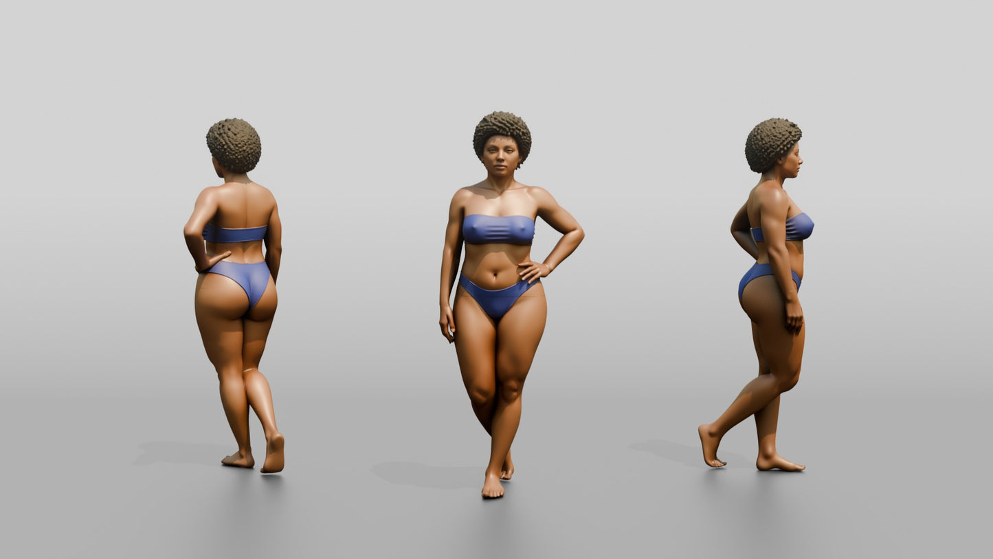 Curvy Black Woman in Blue Two-Piece Swimsuit Hand on Hip