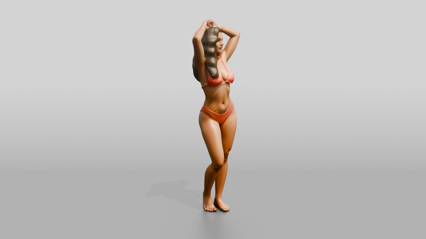 Woman in Coral Two-Piece Swimsuit Adjusting Her Hair
