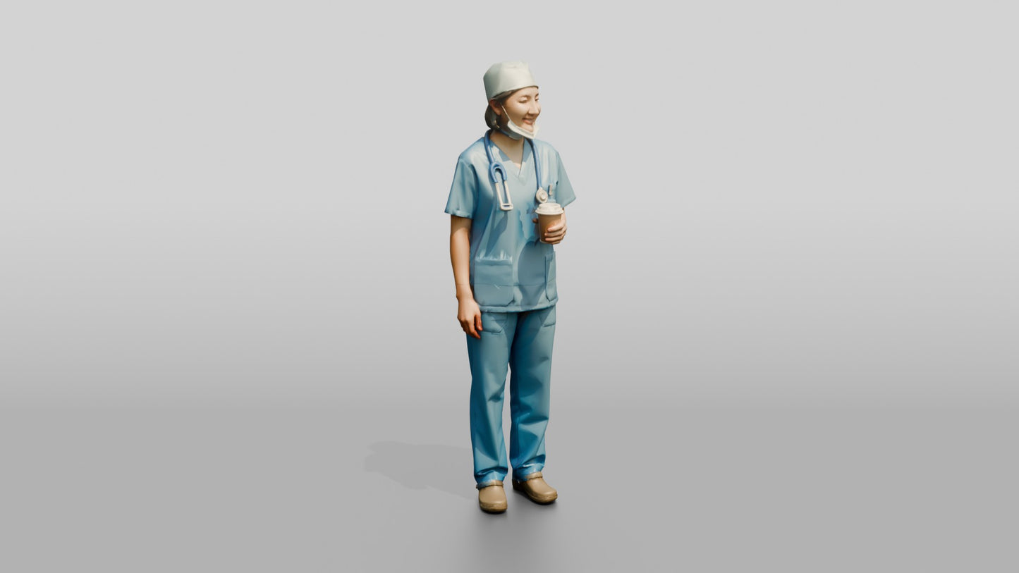 Middle-Aged East Asian Woman Doctor Holding Coffee