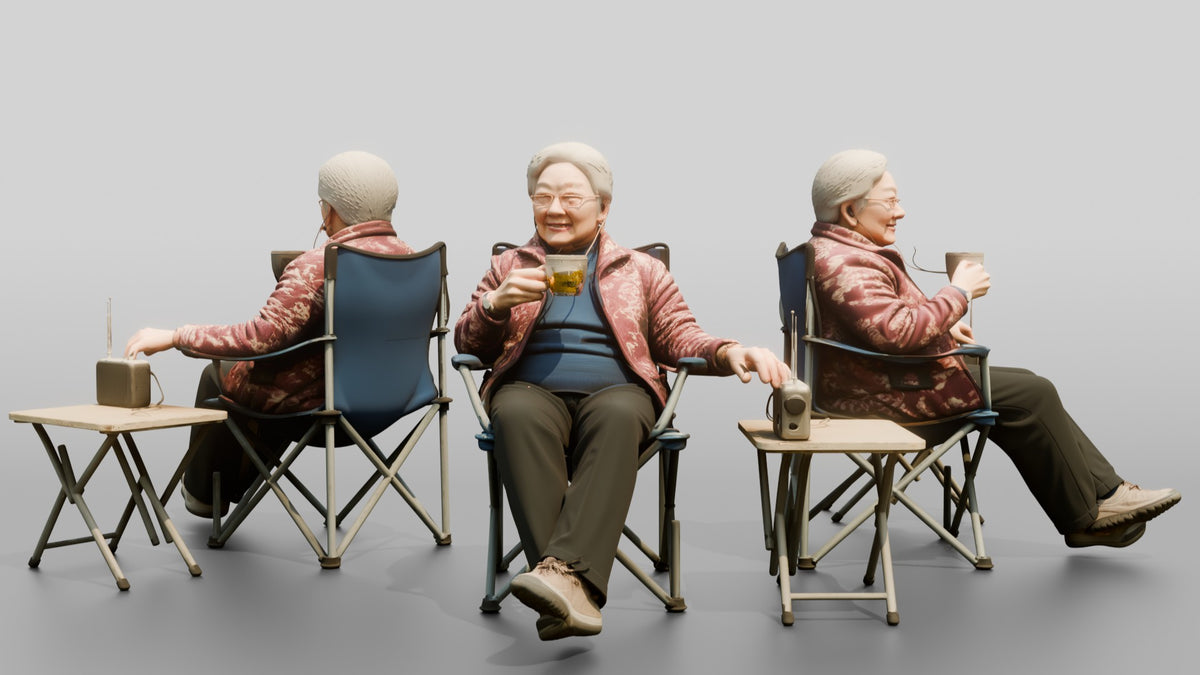 Elderly Chinese Woman Relaxing with Tea Outdoors - 3D character model