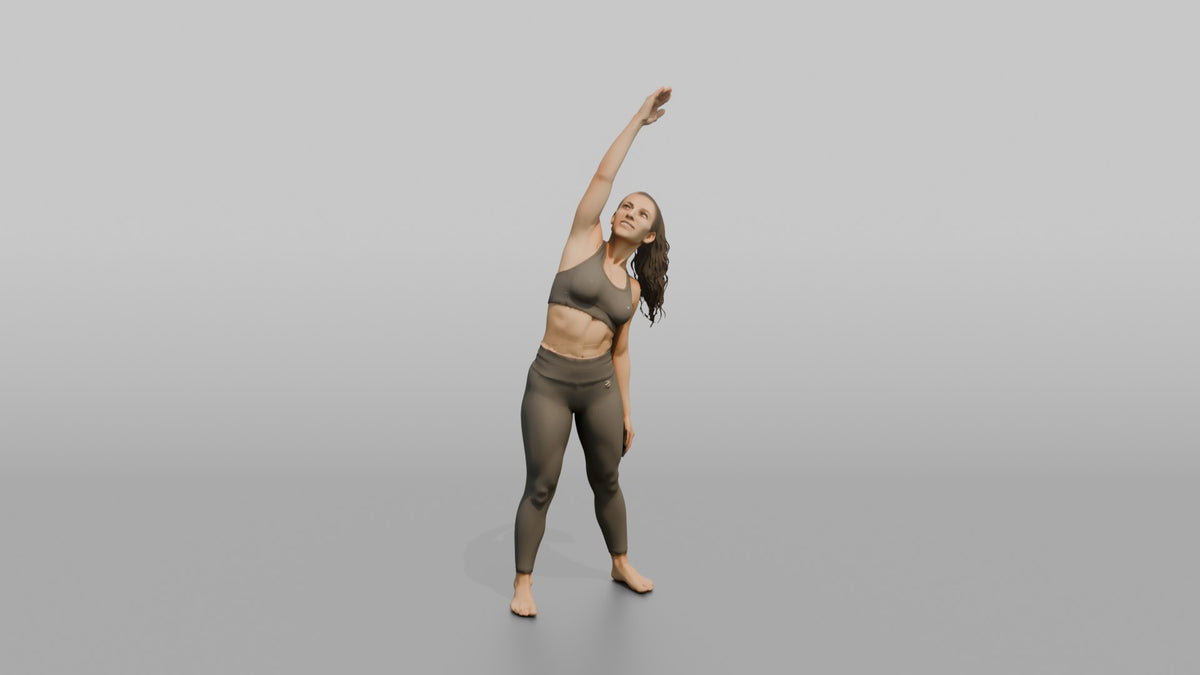 Fitness Influencer Woman Doing A Standing Side Stretch, One Arm Overhead - 3D character model