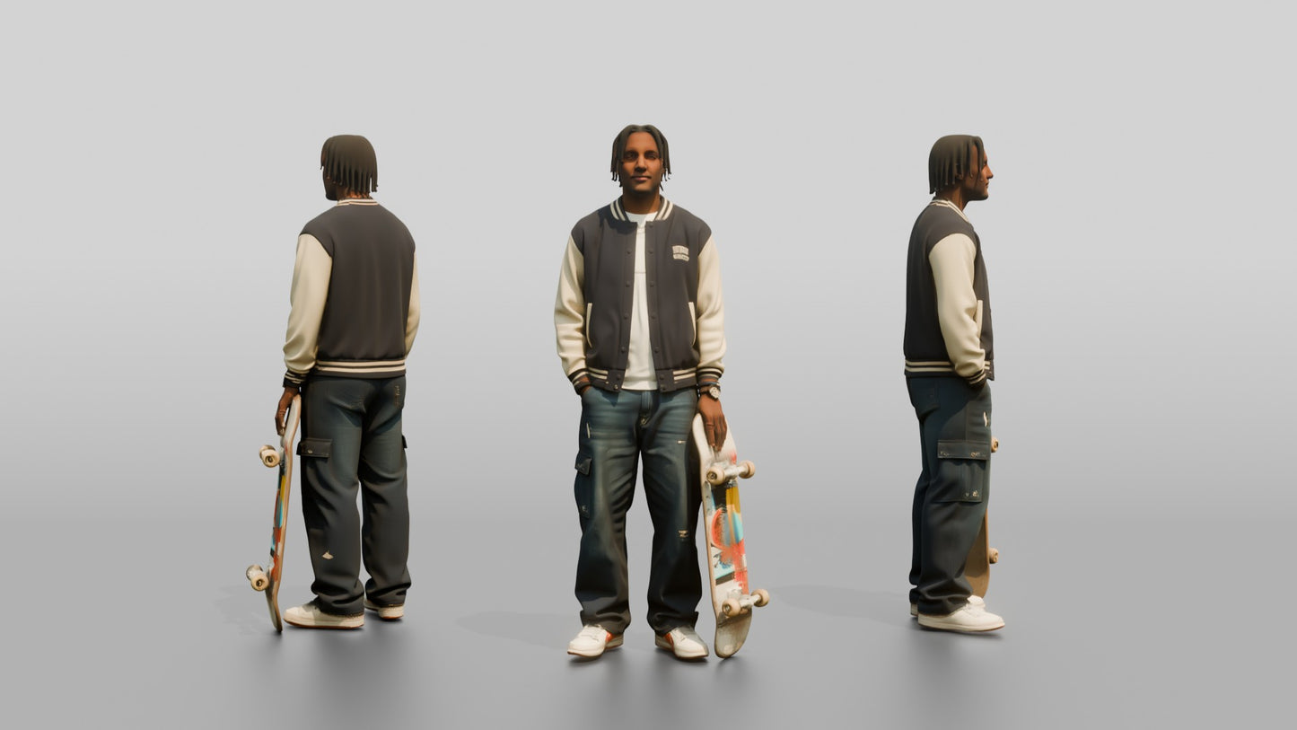 Skater Man in Varsity Jacket with Skateboard