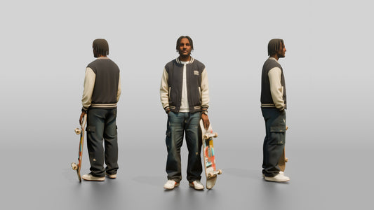 Skater Man in Varsity Jacket with Skateboard