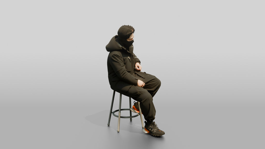 Techwear Man Relaxing on a Stool