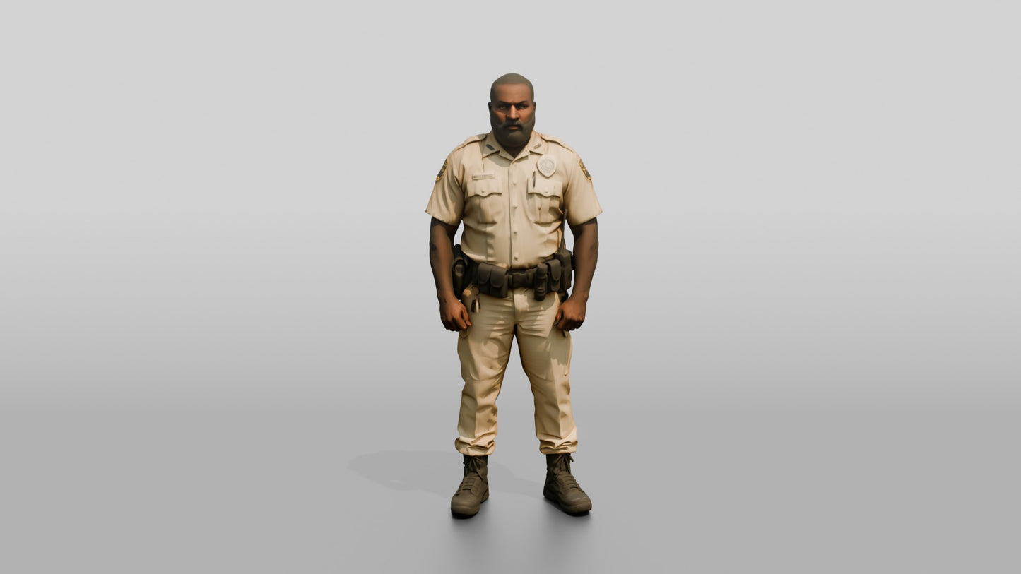 Thick Black Male Guard in a Khaki Guard Uniform