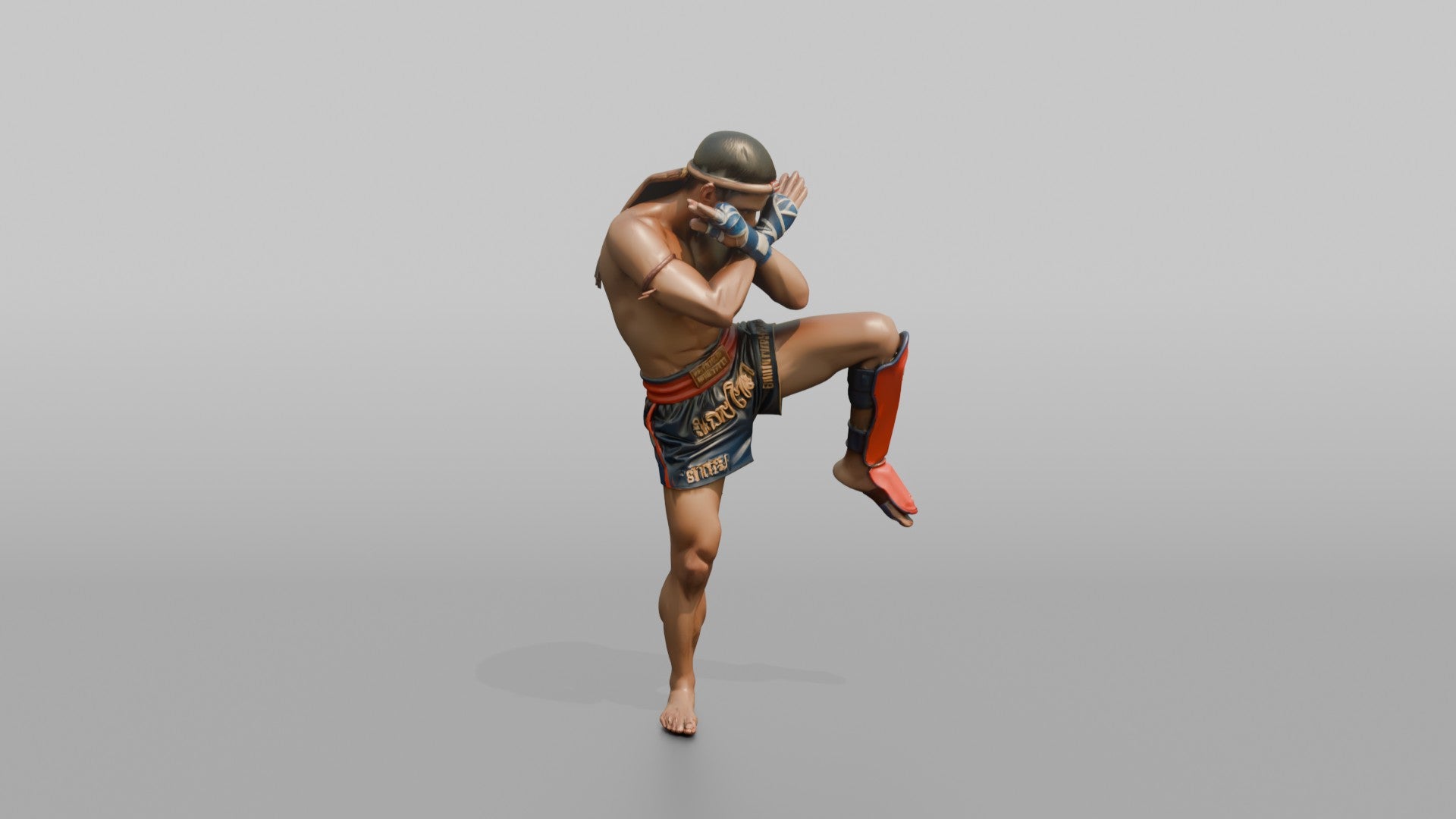 Muay Thai Fighter Shinguard Check and Forearm Block