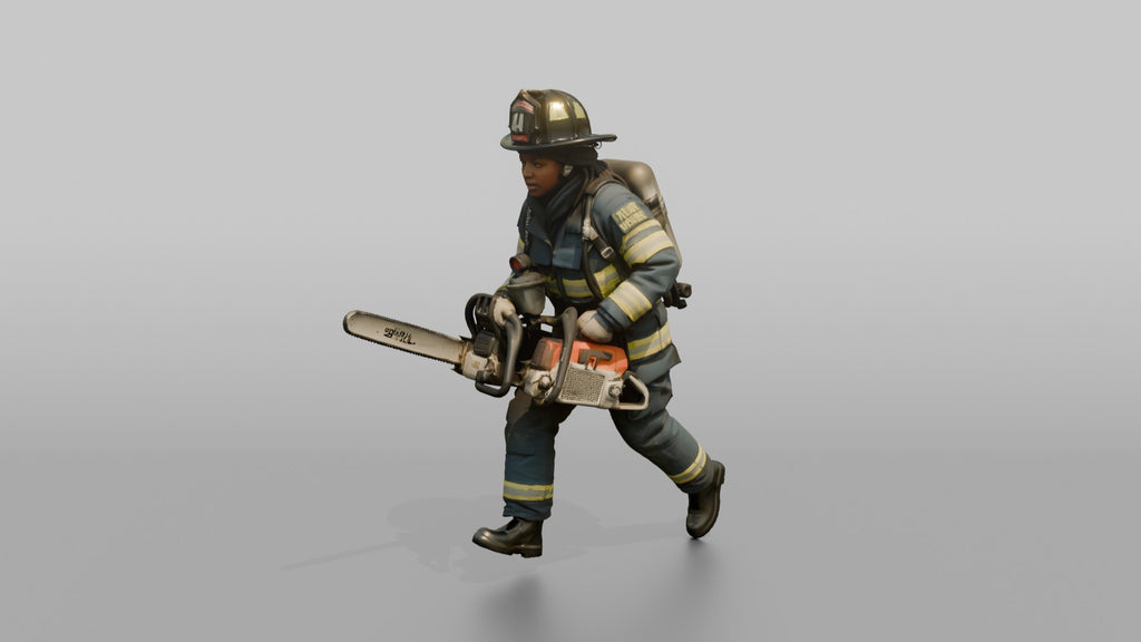 Firefighter Woman Sprinting Carrying a Heavy Rescue Chainsaw