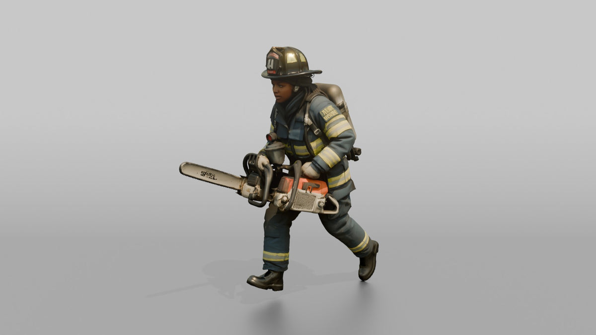 Firefighter Woman Sprinting Carrying a Heavy Rescue Chainsaw - 3D character model, view 5