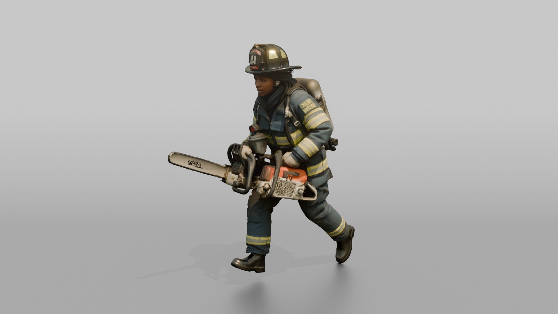 Firefighter Woman Sprinting Carrying a Heavy Rescue Chainsaw
