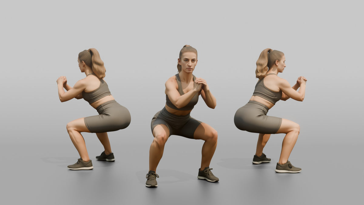 Fitness Influencer Woman Holding A Deep Squat Position - 3D character model, view 1