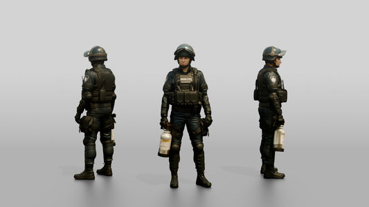 Riot Police Officer Bracing Shield