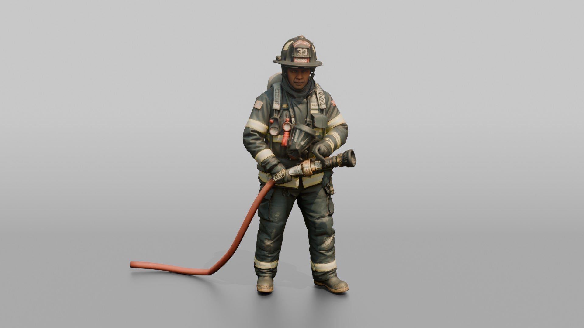 Firefighter Man Holding a High-pressure Water Fog Nozzle
