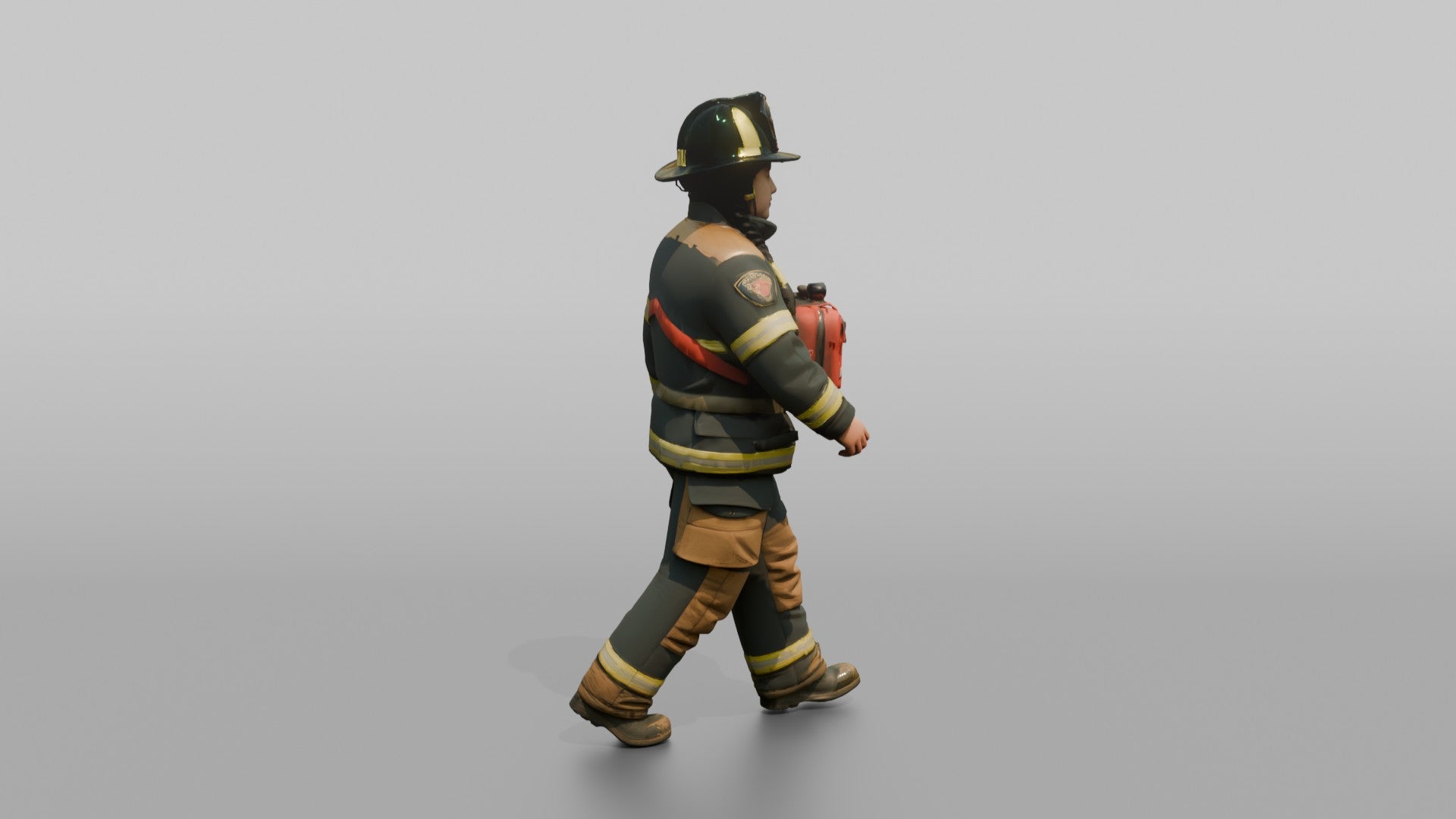 Firefighter Woman Carrying a First Aid Kit Across Her Chest