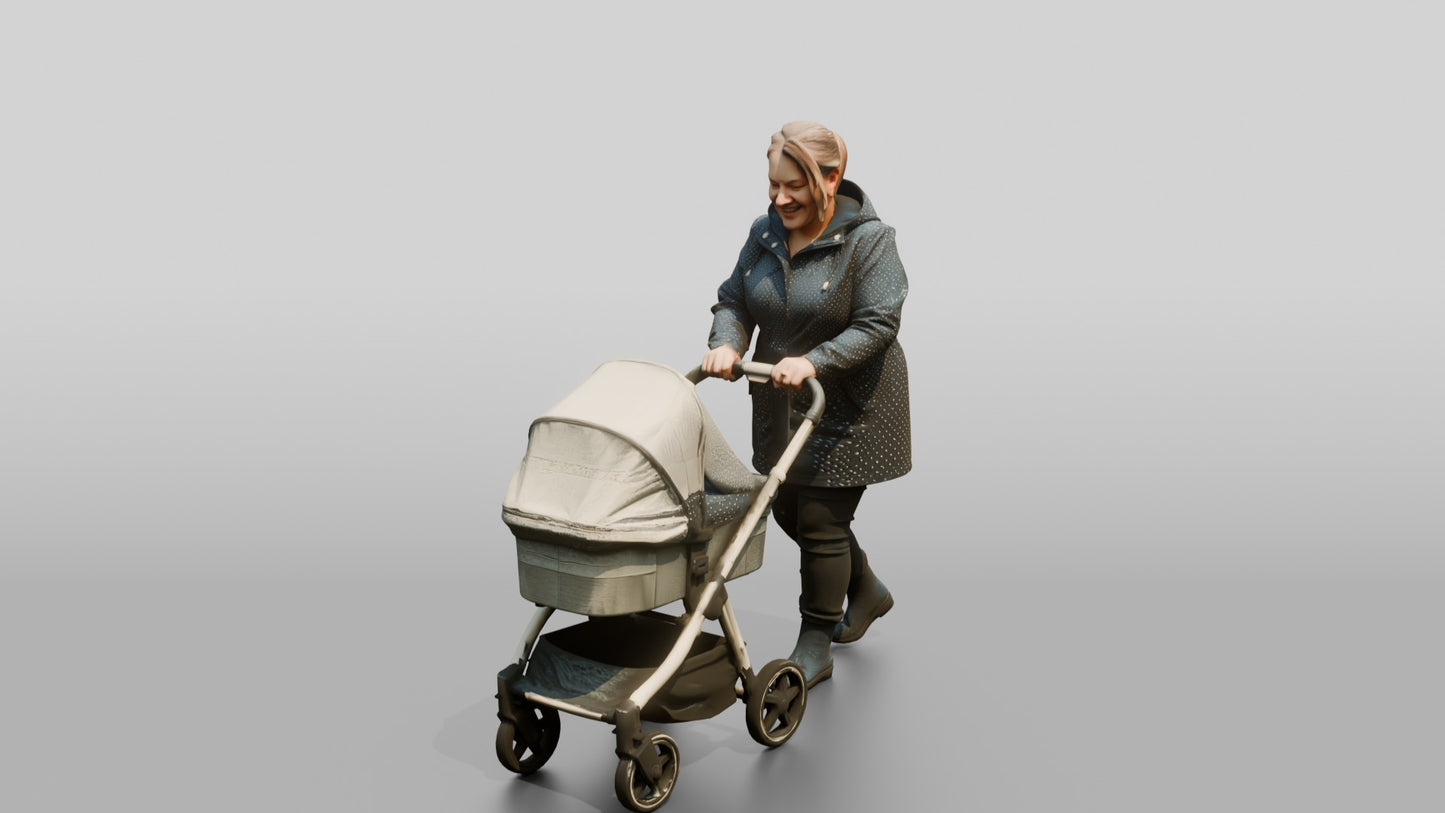 White Woman in Polka-Dot Raincoat Pushing a Pram