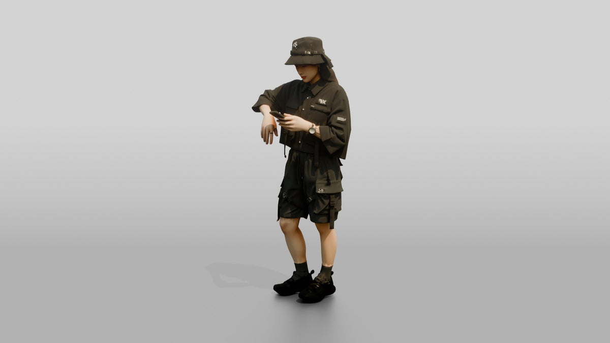 Techwear Woman Checking Her Phone - 3D character model, view 4