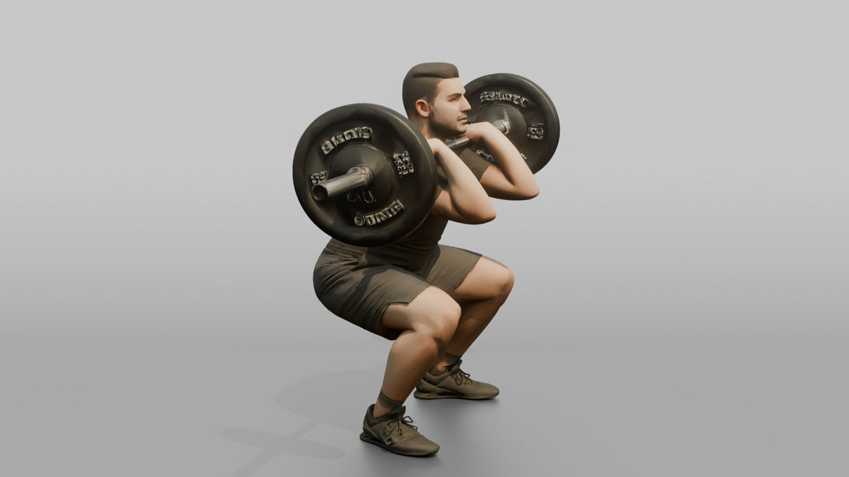 Weightlifter Man Holding A Barbell At Chest Height For A Front Squat - 3D character model, view 2