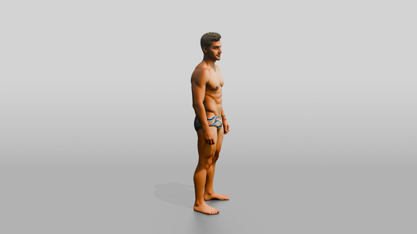 Latino Man in Multi-Colored Swim Brief Beach Pose