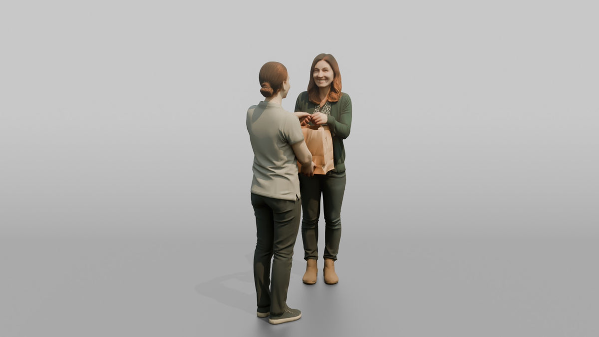 Woman Cashier Handing A Paper Shopping Bag To A Customer - 3D character model, view 2