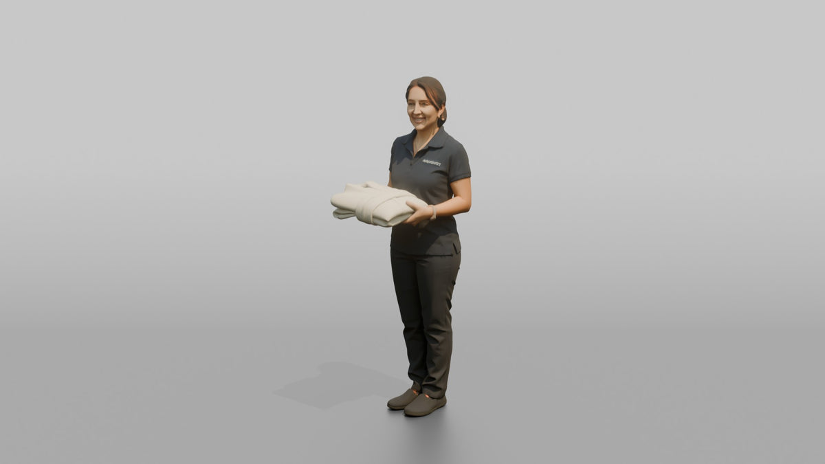 Spa Receptionist Woman Holding A Folded White Spa Robe - 3D character model, view 4