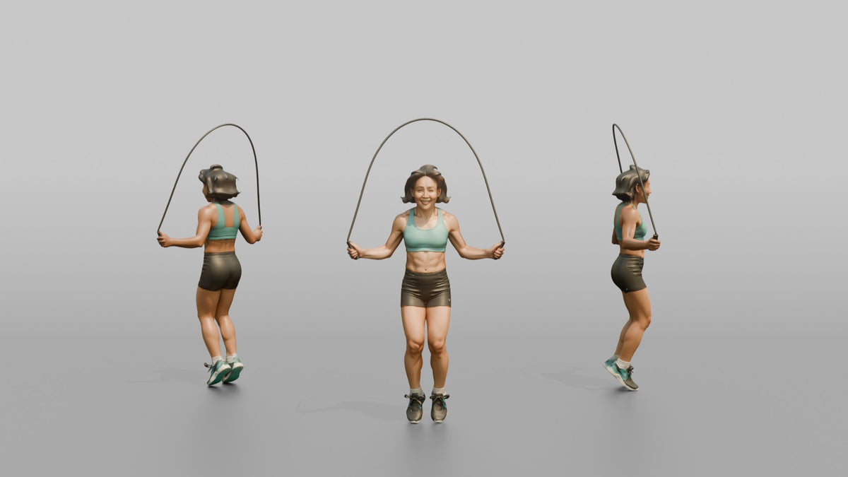 Cardio Athlete Woman Mid-jump With A Jump Rope - 3D character model, view 1