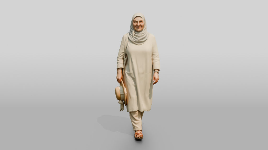 Middle-Aged Iraqi Woman in Hijab Carrying a Summer Hat