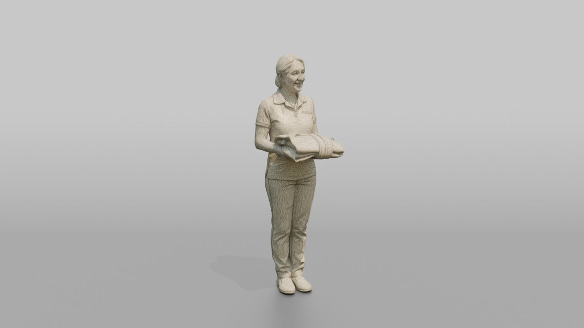 Spa Receptionist Woman Holding A Folded White Spa Robe - wireframe topology preview