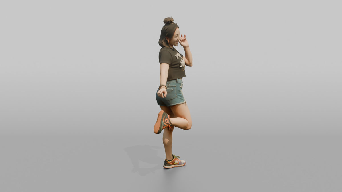 Patron Woman Striking A Playful Pose In Mismatched Colorful Sneakers - 3D character model, view 2