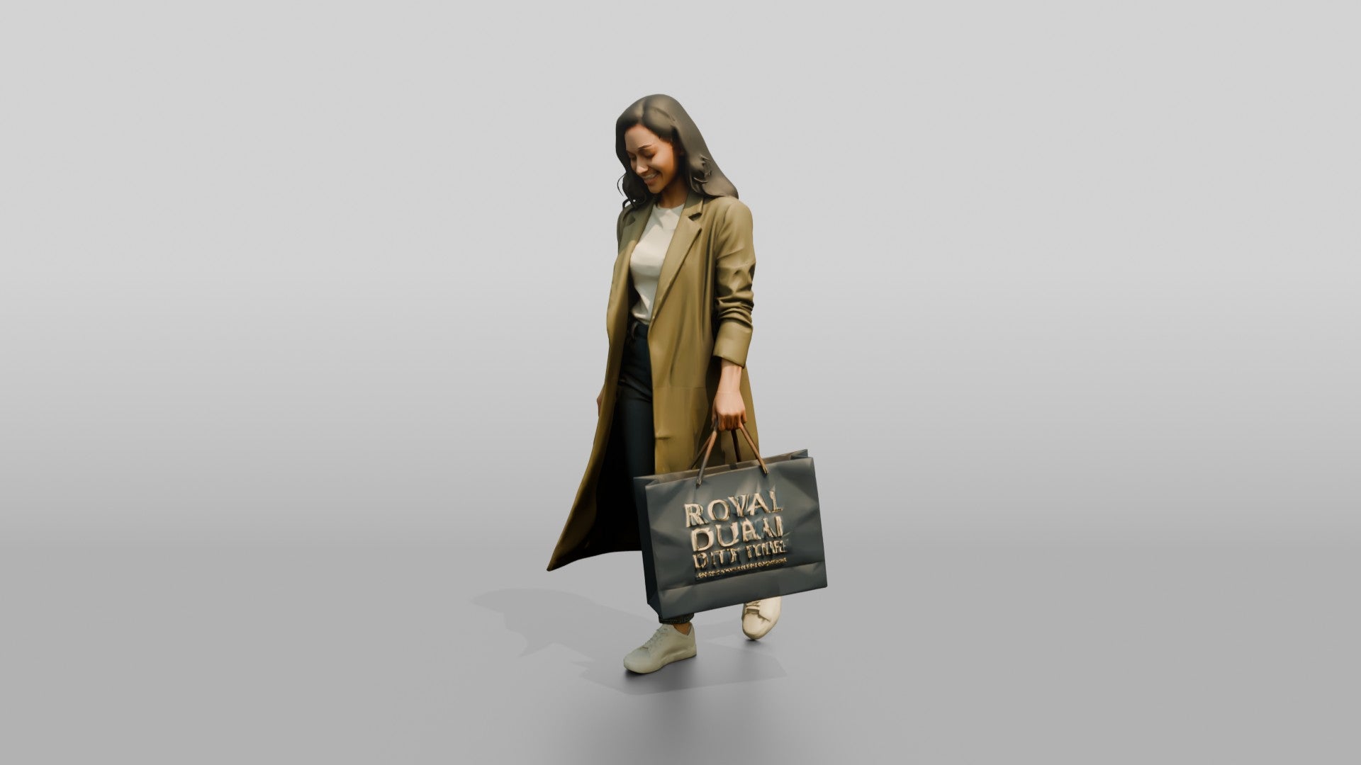 Woman in Long Olive Coat Walking with Luxury Shopping Bag