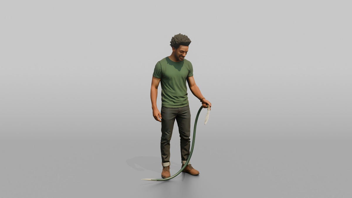 Father Holding A Garden Hose, Watering Unseen Plants - 3D character model, view 5