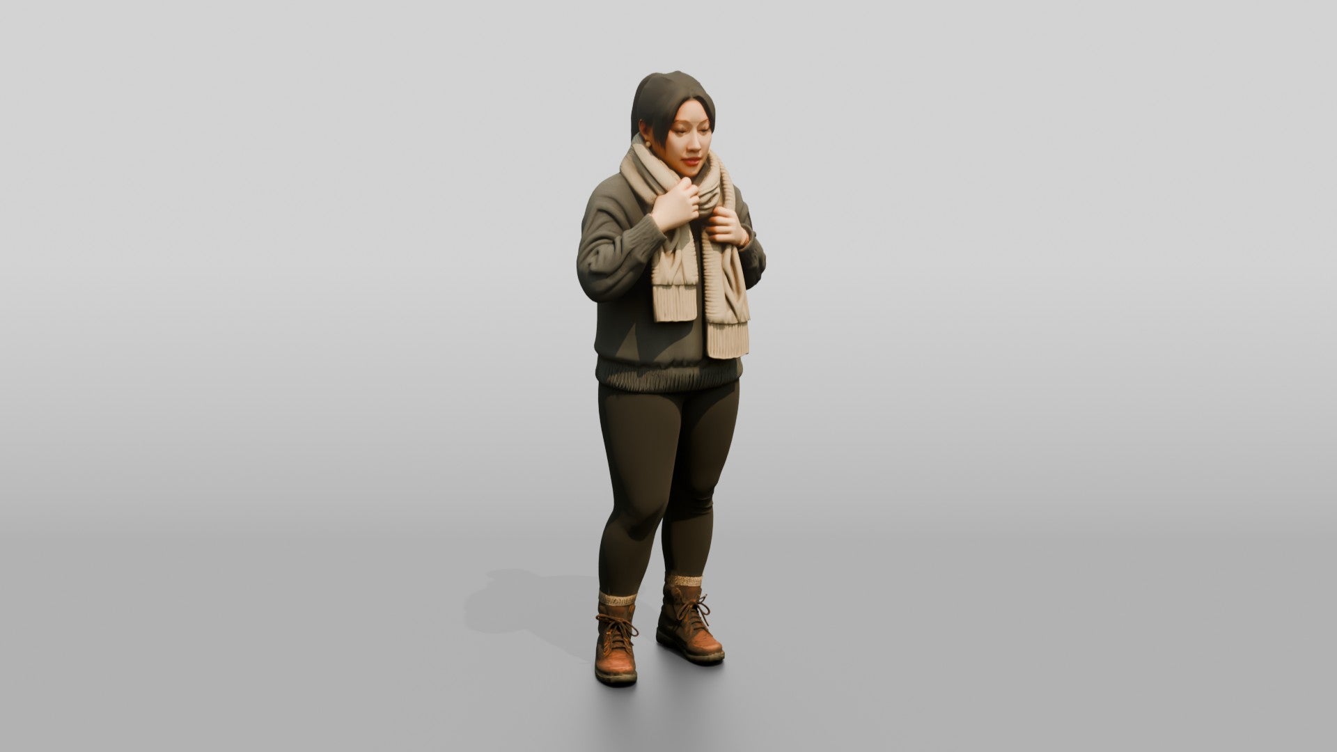 Homeless Woman Tightening a Thick Knitted Scarf