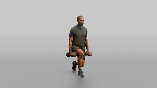 Weightlifter Man Holding Two Dumbbells At The Sides Mid-lunge - 3D character model