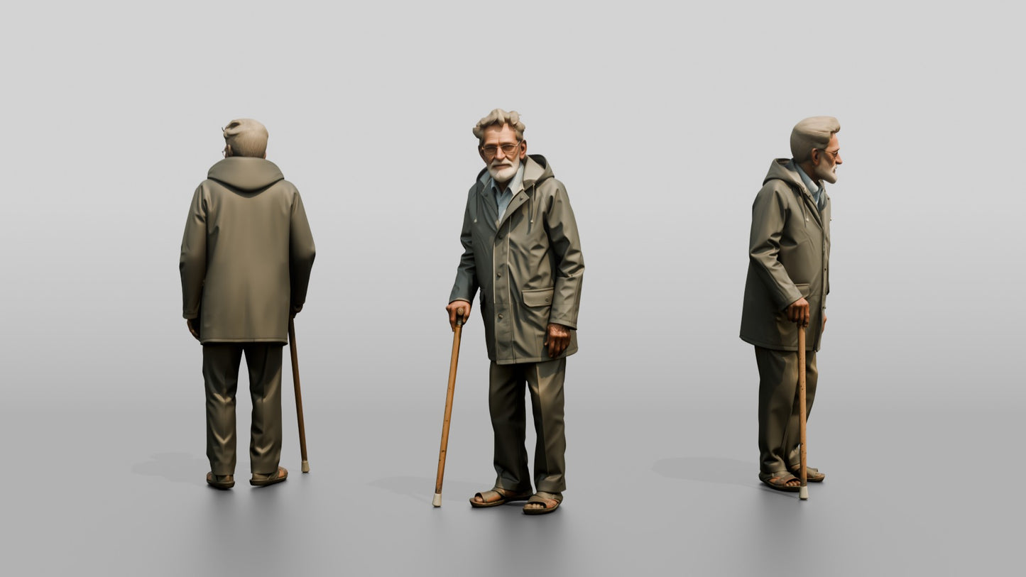 Elderly Indian Man in Grey Raincoat with Cane