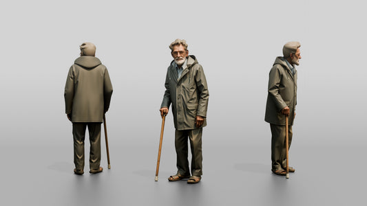 Elderly Indian Man in Grey Raincoat with Cane