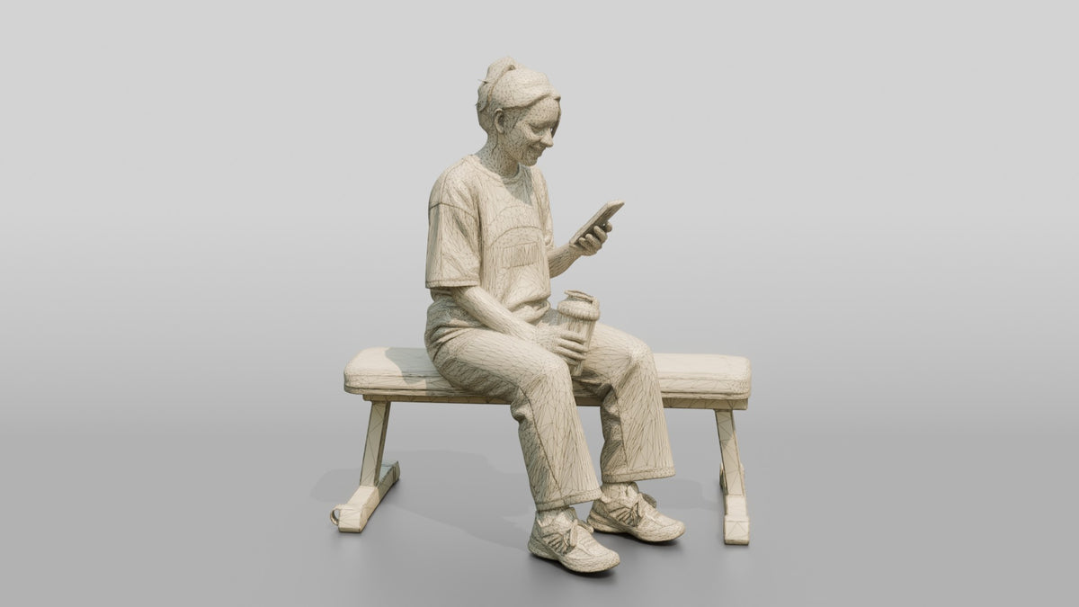 Woman Sitting with Shaker on Bench - wireframe topology preview