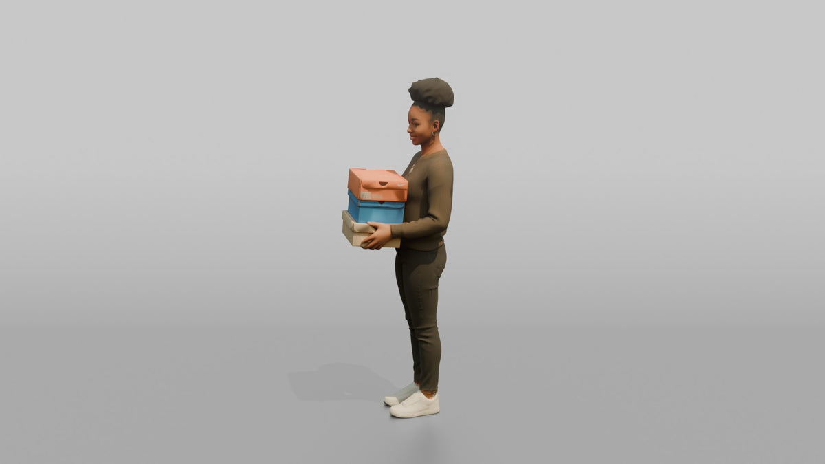 Woman Customer Holding A Stack Of Three Shoeboxes - 3D character model, view 4