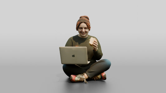 Plus-Size Woman Seated on Suitcase Eating Sandwich with Laptop - 3D character model, view 1