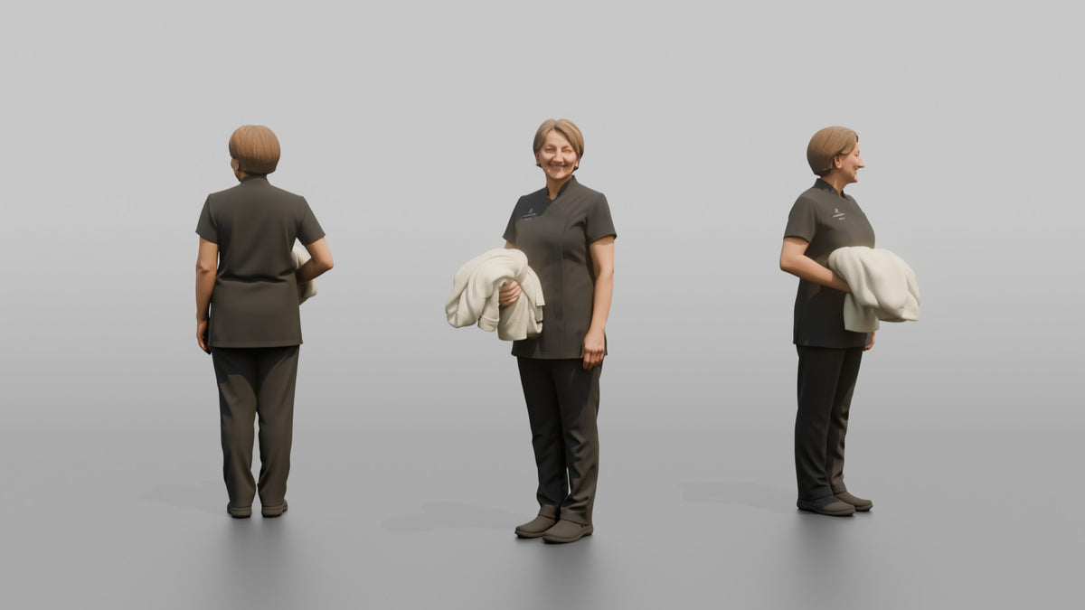 Spa Attendant Man Holding A Folded Bathrobe Over One Arm - 3D character model, view 1