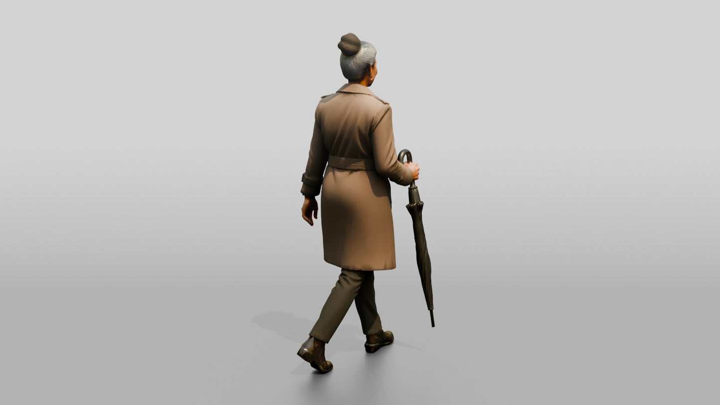 Indian Woman in Trench Coat with Black Umbrella