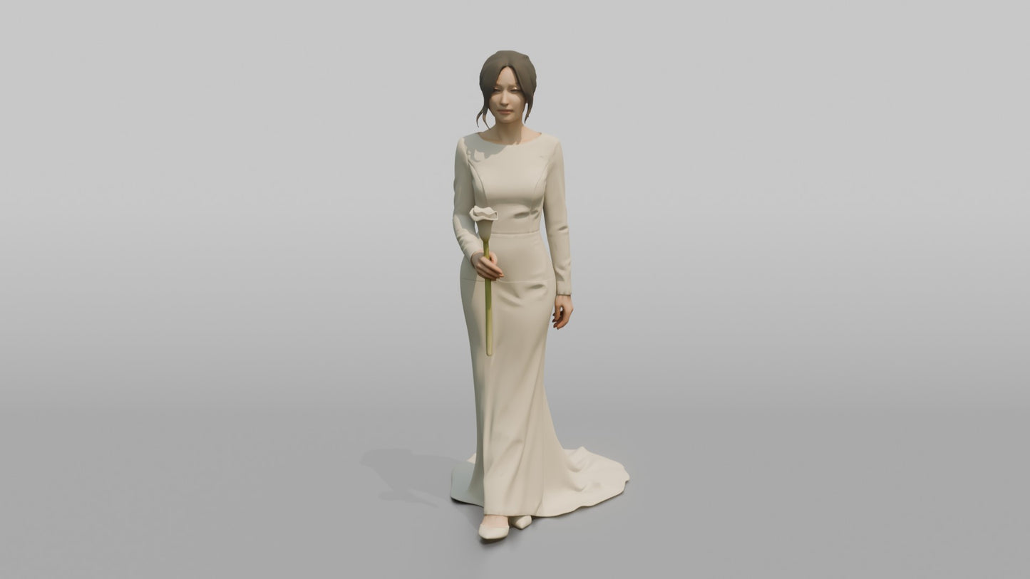 East Asian Bride Holding a Single Calla Lily