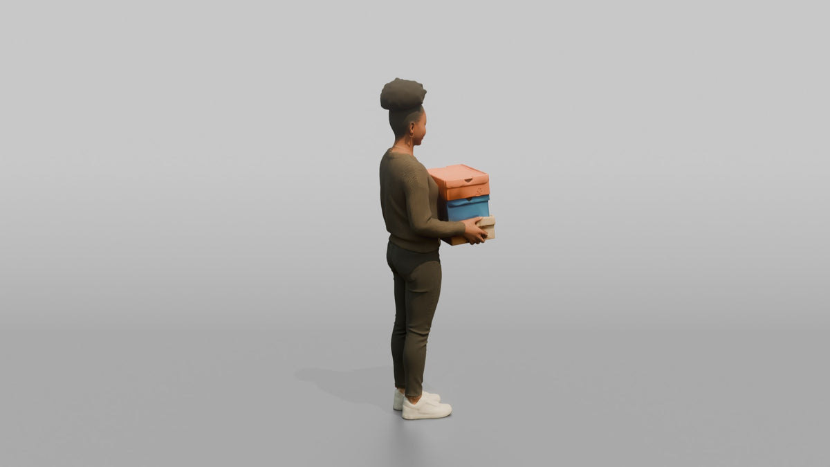 Woman Customer Holding A Stack Of Three Shoeboxes - 3D character model, view 3