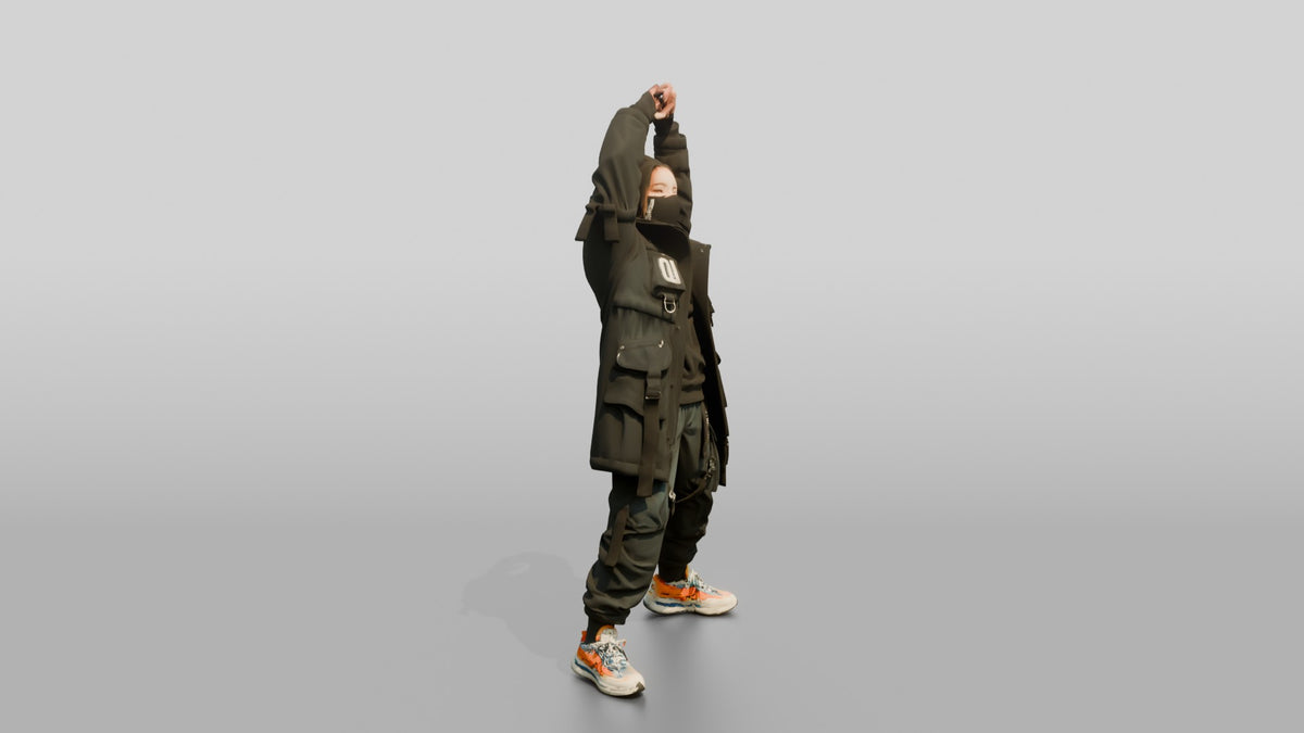 Techwear Woman Stretching Her Arms - 3D character model, view 2