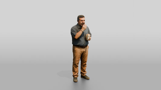 Plus-Size Middle-Aged Persian Man Eating a Snack - 3D character model, view 1