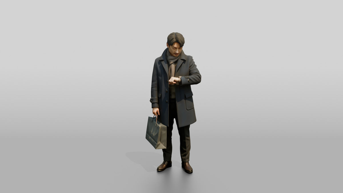Man Checking His Watch in Winter Coat - 3D character model, view 5