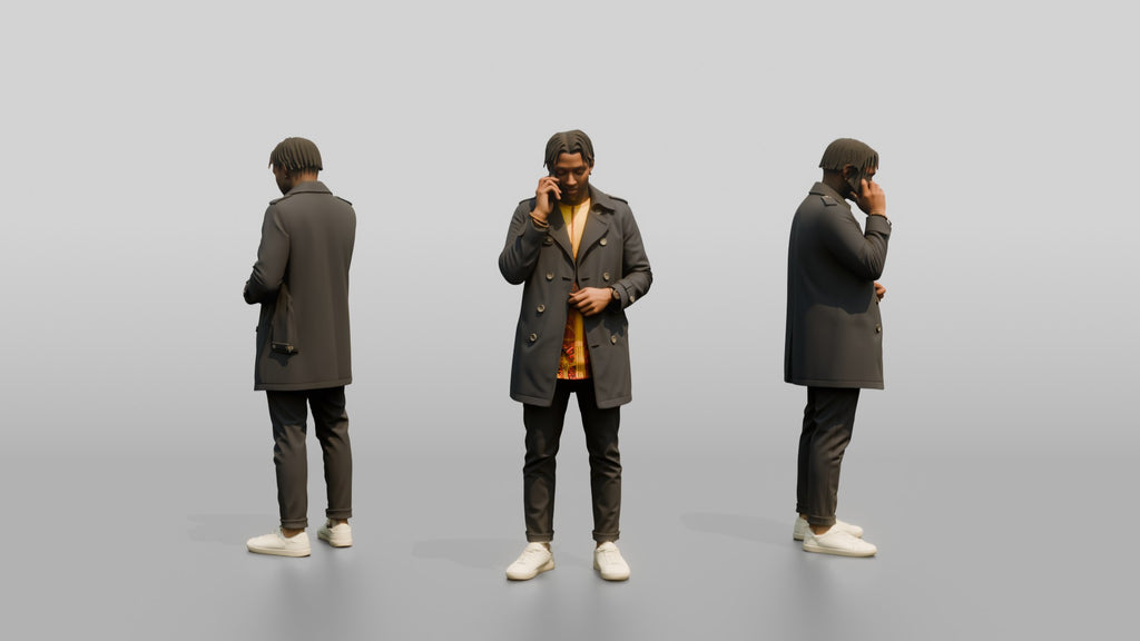 Stylish African Man in a Trench Coat on His Phone